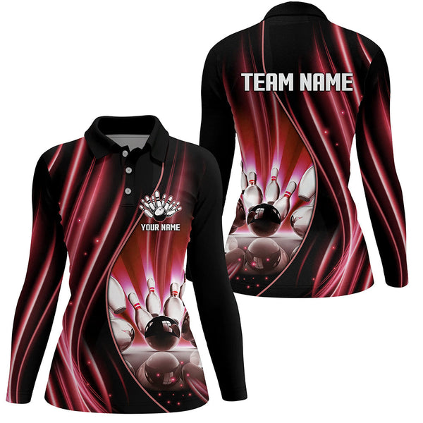 Red and black light Women Polo, 1/4 Quarter Zip Shirts Custom bowling team jerseys, gift for bowlers NQS7860