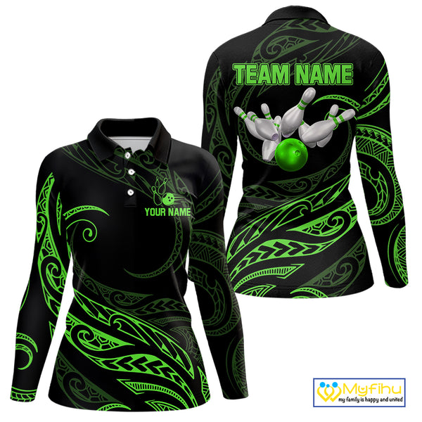 Black and Green Tribal Pattern Bowling Polo, Quarter Zip shirts For Women Custom Team Bowling Jerseys NQS10484