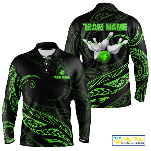 Black and Green Tribal Pattern Bowling Polo, Quarter Zip shirts For Men Custom Team Bowling Jerseys NQS10484