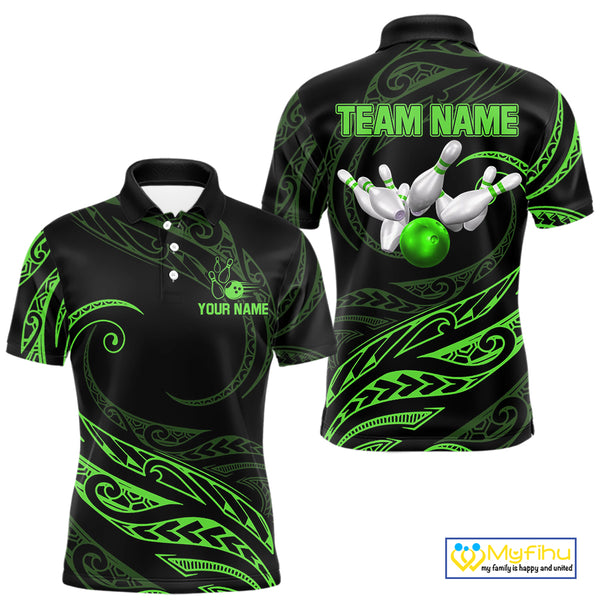 Black and Green Tribal Pattern Bowling Polo, Quarter Zip shirts For Men Custom Team Bowling Jerseys NQS10484