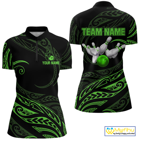 Black and Green Tribal Pattern Bowling Polo, Quarter Zip shirts For Women Custom Team Bowling Jerseys NQS10484