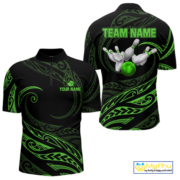 Black and Green Tribal Pattern Bowling Polo, Quarter Zip shirts For Men Custom Team Bowling Jerseys NQS10484