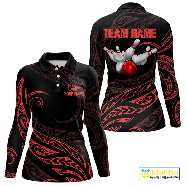 Black and Red Tribal Pattern Bowling Polo, Quarter Zip shirts For Women Custom Team Bowling Jerseys NQS10485
