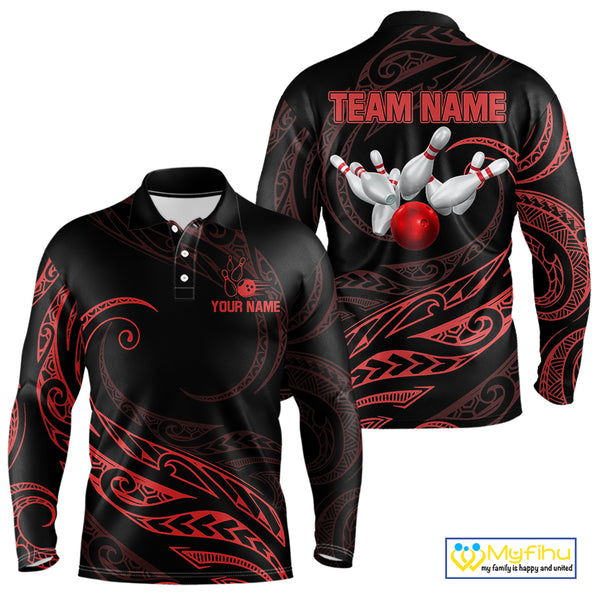 Black and Red Tribal Pattern Bowling Polo, Quarter Zip shirts For Men Custom Team Bowling Jerseys NQS10485