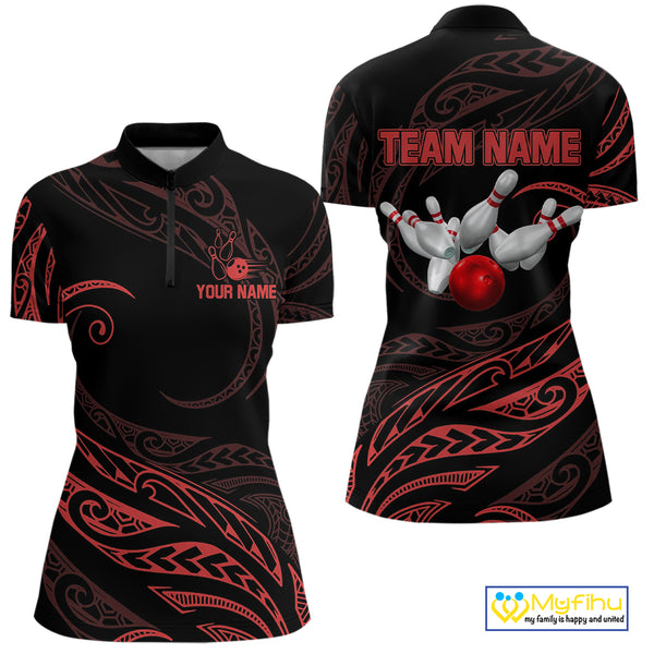 Black and Red Tribal Pattern Bowling Polo, Quarter Zip shirts For Women Custom Team Bowling Jerseys NQS10485