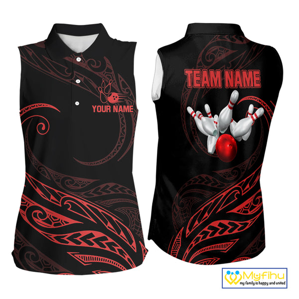 Black and Red Tribal Pattern Bowling Sleeveless Polo shirt Custom Team Bowling Jerseys NQS10485