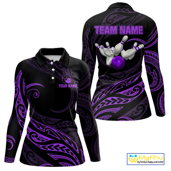 Black and Purple Tribal Pattern Bowling Polo, Quarter Zip shirts For Women Custom Team Bowling Jersey NQS10486