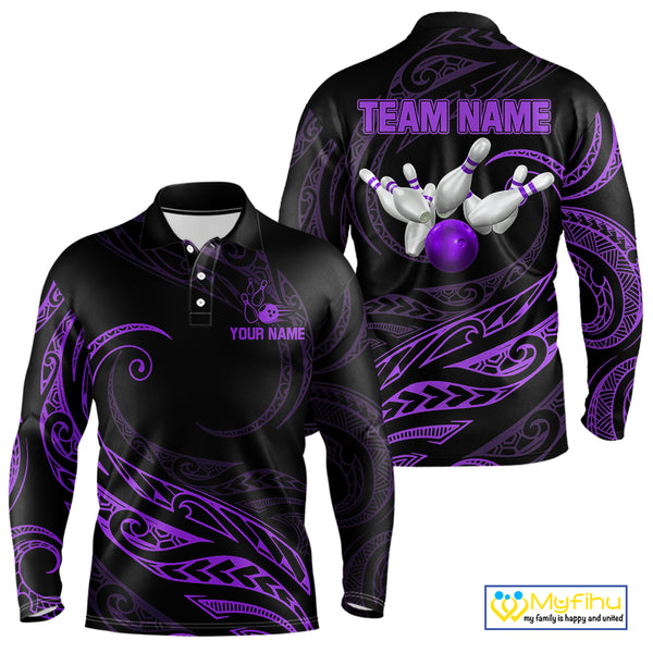 Black and Purple Tribal Pattern Bowling Polo, Quarter Zip shirts For Men Custom Team Bowling Jerseys NQS10486