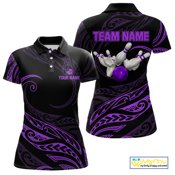 Black and Purple Tribal Pattern Bowling Polo, Quarter Zip shirts For Women Custom Team Bowling Jersey NQS10486