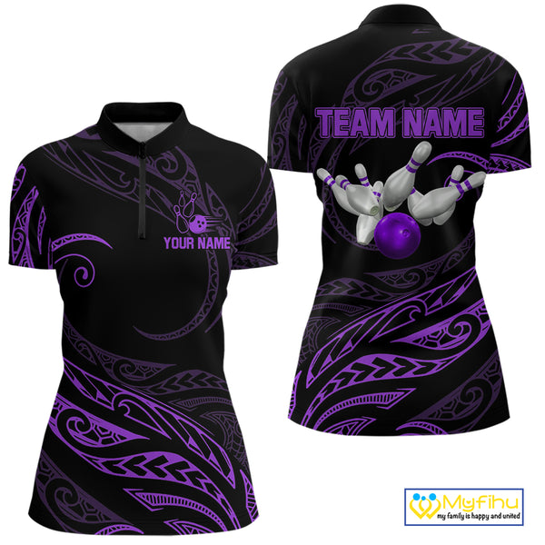 Black and Purple Tribal Pattern Bowling Polo, Quarter Zip shirts For Women Custom Team Bowling Jersey NQS10486
