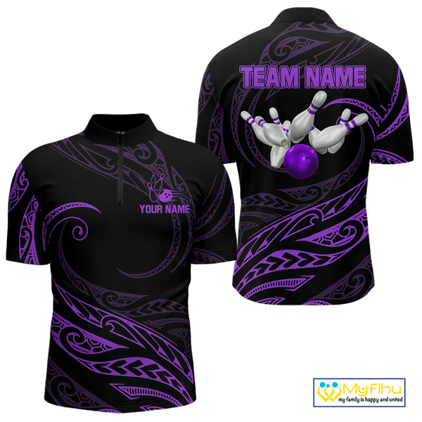 Black and Purple Tribal Pattern Bowling Polo, Quarter Zip shirts For Men Custom Team Bowling Jerseys NQS10486