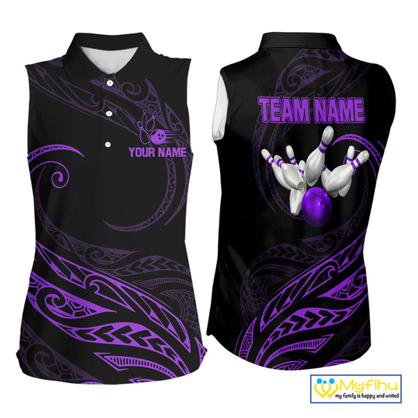 Black and Purple Tribal Pattern Bowling Sleeveless Polo shirt Custom Team Bowling Jerseys NQS10486