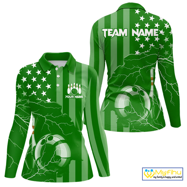 Personalized Green American flag Lightning thunder Custom Bowling Team Shirt For Women Bowling Jersey NQS10487