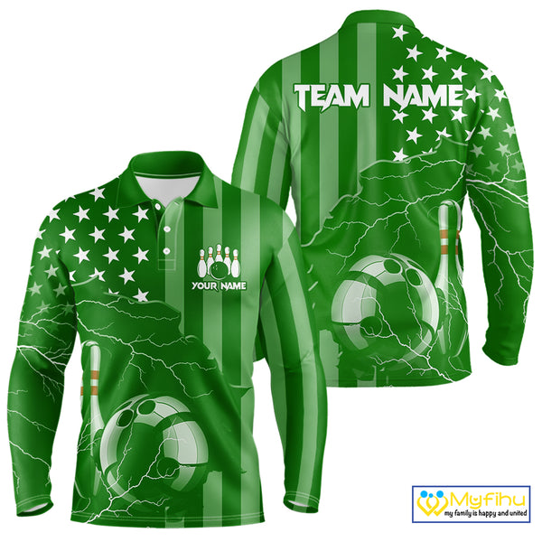 Personalized Green American flag Lightning thunder Custom Bowling Team Shirts For Mens Bowling Jersey NQS10487