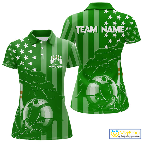 Personalized Green American flag Lightning thunder Custom Bowling Team Shirt For Women Bowling Jersey NQS10487