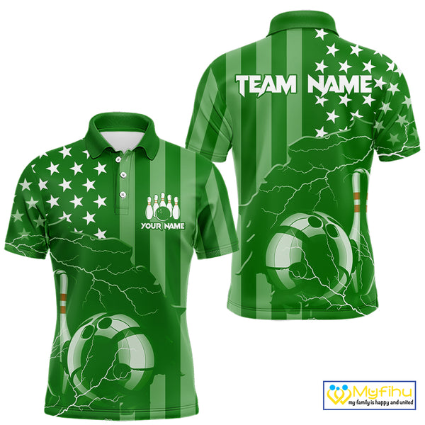Personalized Green American flag Lightning thunder Custom Bowling Team Shirts For Mens Bowling Jersey NQS10487
