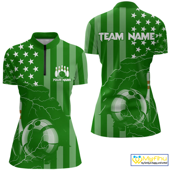 Personalized Green American flag Lightning thunder Custom Bowling Team Shirt For Women Bowling Jersey NQS10487