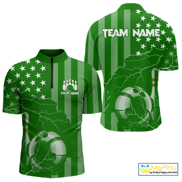 Personalized Green American flag Lightning thunder Custom Bowling Team Shirts For Mens Bowling Jersey NQS10487