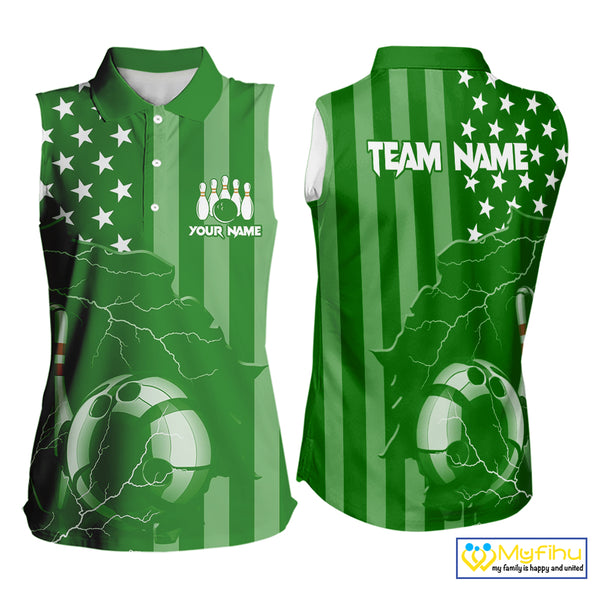 Personalized Green American flag Lightning thunder Custom Bowling Sleeveless Polos Bowling Jersey NQS10487