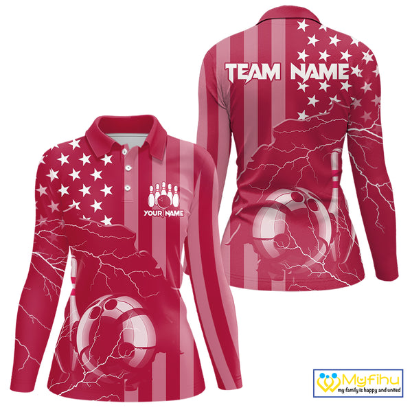 Personalized Pink American flag Lightning thunder Custom Bowling Team Shirt For Women Bowling Jersey NQS10488
