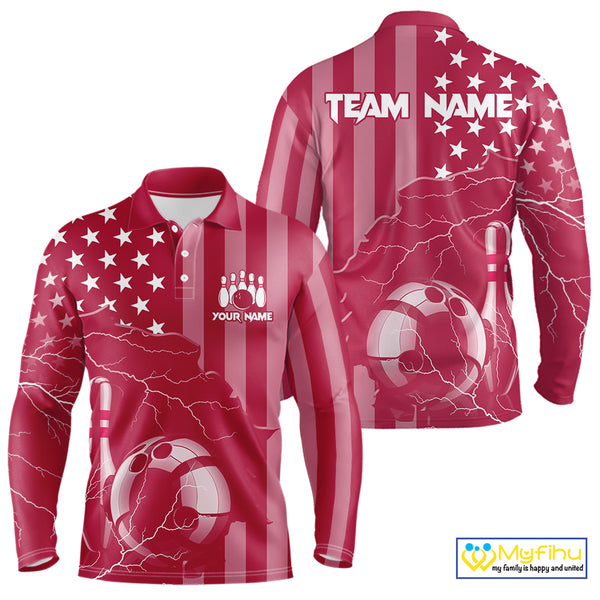 Personalized Pink American flag Lightning thunder Custom Bowling Team Shirts For Mens Bowling Jersey NQS10488