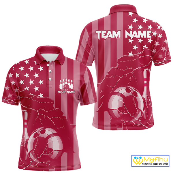 Personalized Pink American flag Lightning thunder Custom Bowling Team Shirts For Mens Bowling Jersey NQS10488