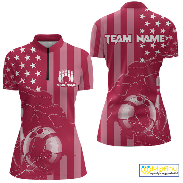 Personalized Pink American flag Lightning thunder Custom Bowling Team Shirt For Women Bowling Jersey NQS10488