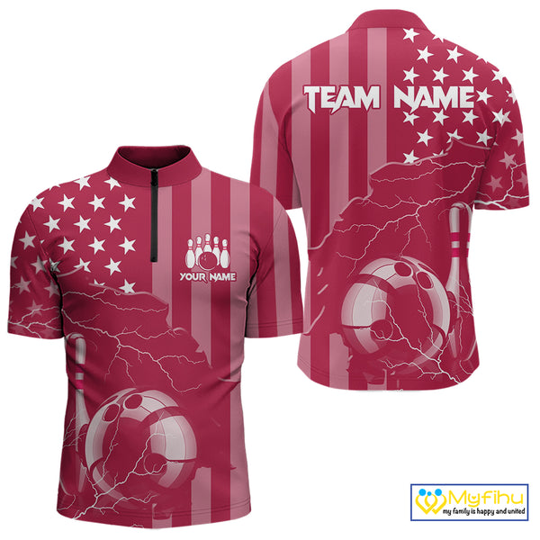 Personalized Pink American flag Lightning thunder Custom Bowling Team Shirts For Mens Bowling Jersey NQS10488