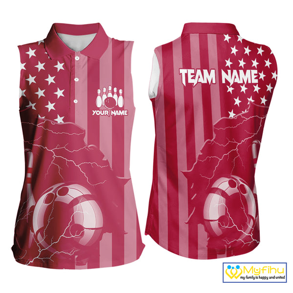 Personalized Pink American flag Lightning thunder Custom Bowling Sleeveless Polos Bowling Jersey NQS10488