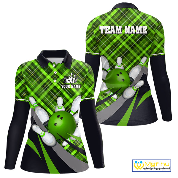 Green Plaid Christmas pattern Bowling shirt For Women Custom Team Bowling Jersey Xmas Gift For Bowler NQS10492