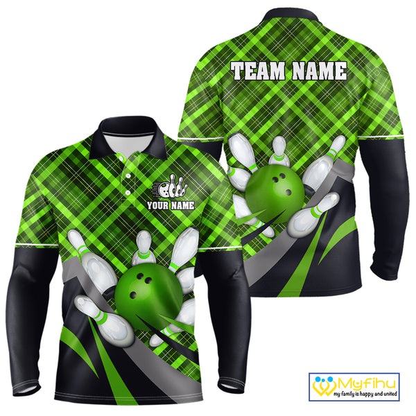 Green Plaid Christmas pattern Bowling shirts For Men Custom Team Bowling Jersey Xmas Gift For Bowlers NQS10492