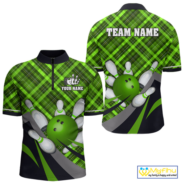 Green Plaid Christmas pattern Bowling shirts For Men Custom Team Bowling Jersey Xmas Gift For Bowlers NQS10492