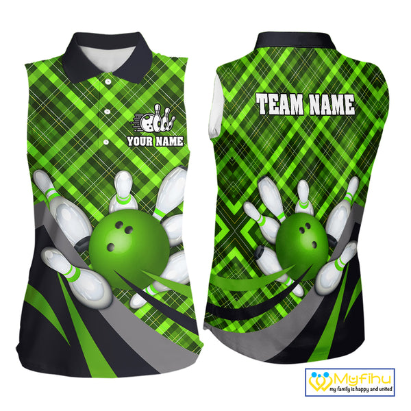 Green Plaid Christmas pattern Bowling Sleeveless Polo shirt Custom Team Bowling Xmas Gift For Bowler NQS10492