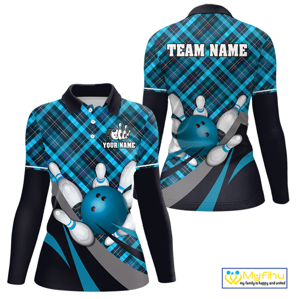 Blue Plaid pattern Bowling shirts For Women Custom Team Bowling Jersey Xmas Gift For Bowlers NQS10493