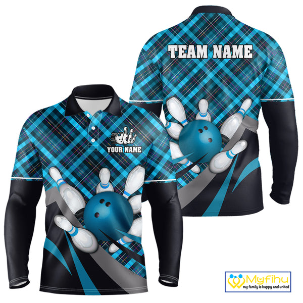Blue Plaid pattern Bowling shirts For Men Custom Team Bowling Jersey Xmas Gift For Bowlers NQS10493