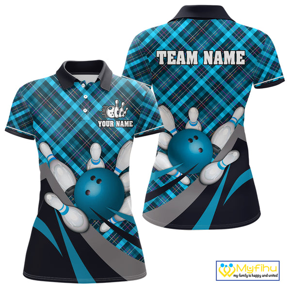 Blue Plaid pattern Bowling shirts For Women Custom Team Bowling Jersey Xmas Gift For Bowlers NQS10493