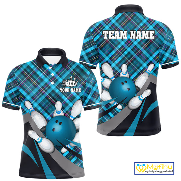 Blue Plaid pattern Bowling shirts For Men Custom Team Bowling Jersey Xmas Gift For Bowlers NQS10493