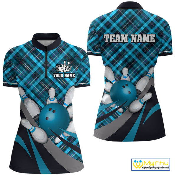 Blue Plaid pattern Bowling shirts For Women Custom Team Bowling Jersey Xmas Gift For Bowlers NQS10493