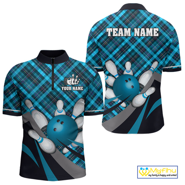 Blue Plaid pattern Bowling shirts For Men Custom Team Bowling Jersey Xmas Gift For Bowlers NQS10493