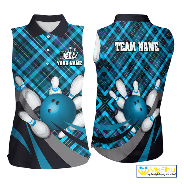 Blue Plaid pattern Bowling Sleeveless Polo shirt Custom Team Bowling Jersey Xmas Gift For Bowlers NQS10493