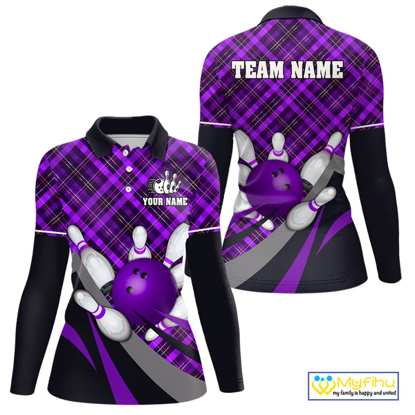 Purple Plaid pattern Bowling shirts For Women Custom Team Bowling Jersey Xmas Gift For Bowlers NQS10494