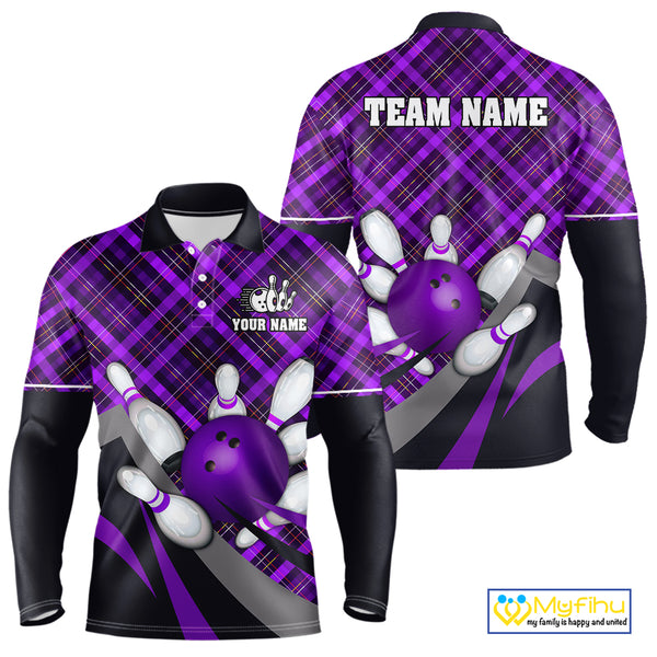 Purple Plaid pattern Bowling shirts For Men Custom Team Bowling Jersey Xmas Gift For Bowlers NQS10494