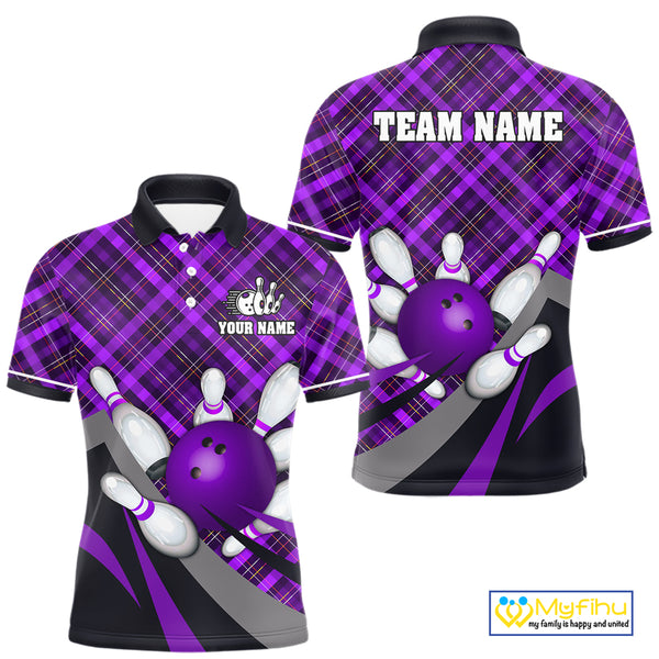 Purple Plaid pattern Bowling shirts For Men Custom Team Bowling Jersey Xmas Gift For Bowlers NQS10494