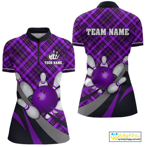 Purple Plaid pattern Bowling shirts For Women Custom Team Bowling Jersey Xmas Gift For Bowlers NQS10494