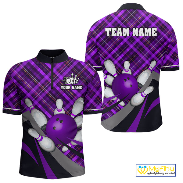 Purple Plaid pattern Bowling shirts For Men Custom Team Bowling Jersey Xmas Gift For Bowlers NQS10494