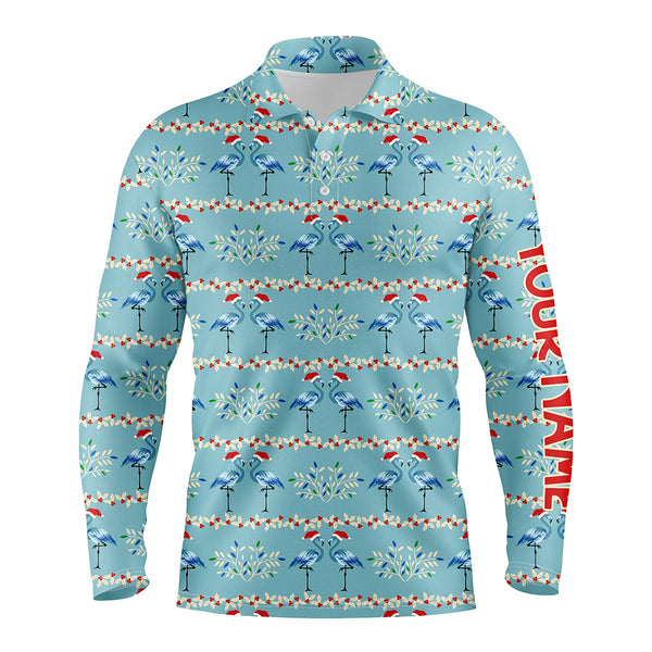 Mens golf polo shirt custom blue Christmas flamingo pattern golf shirt for men, Christmas golf gifts NQS6652