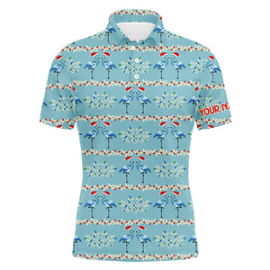 Mens golf polo shirt custom blue Christmas flamingo pattern golf shirt for men, Christmas golf gifts NQS6652