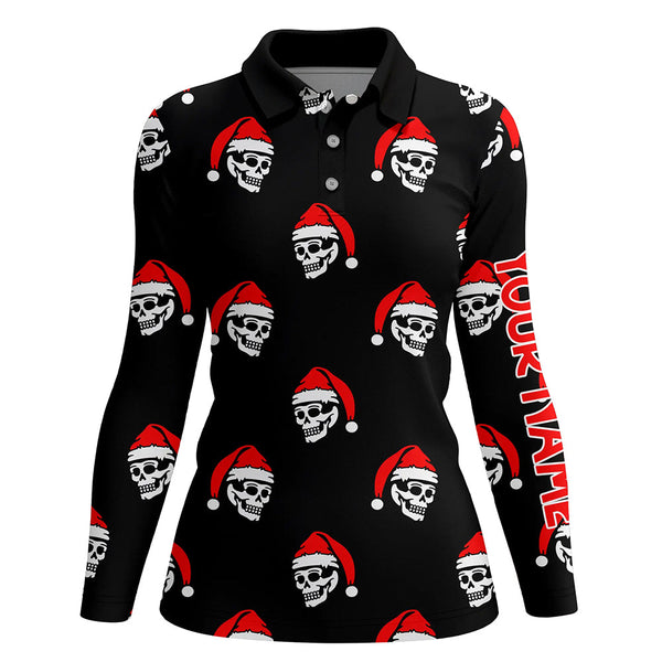 Black Womens golf polo shirt custom Skull Santa Christmas pattern golf shirt for women, golf gifts NQS6654