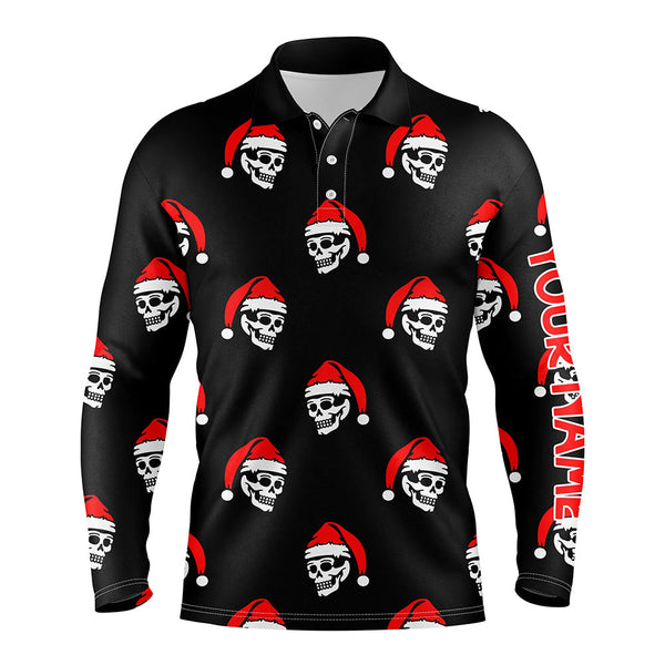 Black Mens golf polo shirt custom Skull Santa Christmas pattern golf shirt for men, golf gifts NQS6654