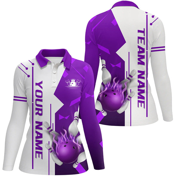 White and Purple Flame Bowling Polo, Quarter Zip shirts for Women custom Team Bowling Jersey For Women NQS8743
